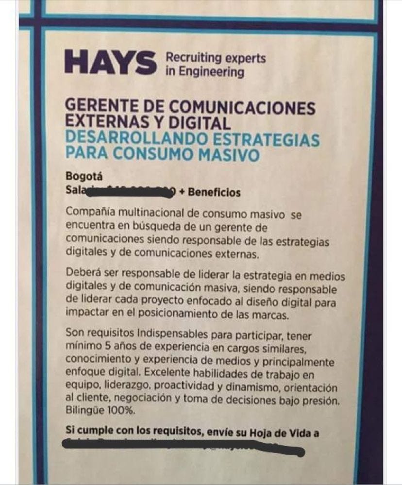 Anuncio de la vacante publicado en prensa